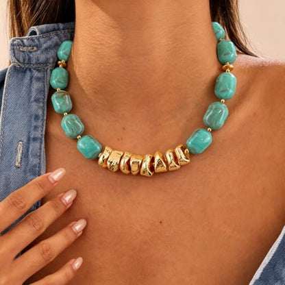 VIBILIA Boho Beaded Chunky Statement Necklace for Women Y2K Summer Jewelry | Boho Handmade Large Resin Bead Strand, Trendy Statement Summer Vacation Holiday Jewelry - color: Oval-Turquoise