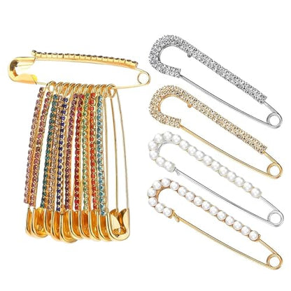 Gold Rhinestone Safety Pins, Rhinestone Gold Safety Pins Large Pin Brooches, Women Brooch Pins Sweater Shawl Clips Faux Crystal Pearl Fancy for Women
