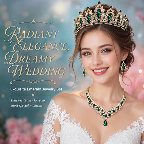 Tiaras and Crowns for Women,Tiaras Earrings Necklace, Crystal Bridal Jewelry Set - color: Green