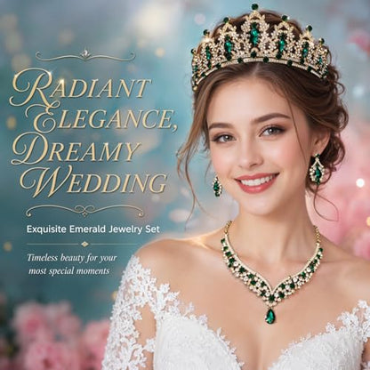 Tiaras and Crowns for Women,Tiaras Earrings Necklace, Crystal Bridal Jewelry Set - color: Green