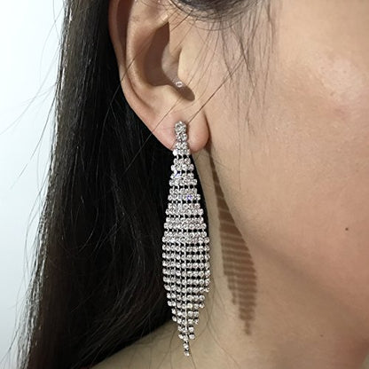 SELOVO Fashion Wedding Bride Women Long Tassel Link Fringe Dangly Earrings Clear Crystal - color: Silver