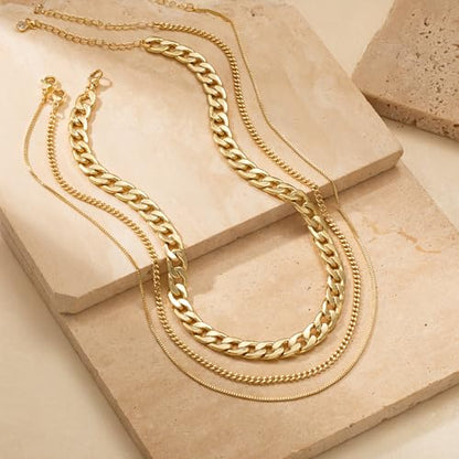Tewiky Layered Necklaces for Women 14k Gold Plated Chain Necklace Set | Chunky Herringbone/Snake/Rope/Box/Cuban Link Chain for Women, Layering Stack Choker Necklace, Dainty Jewelry Set Non Tarnish - color: 3 Chunky Cuban Box Gold