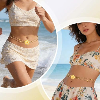 Plumeria Flower Belly Chains for Women Girls Gold Beads Waist Chains Double Layer Hawaiian Flower Body Chain for Summer Beach Adjustable Floral Belly Belt for Teen Girls Sexy Bikini Accessories