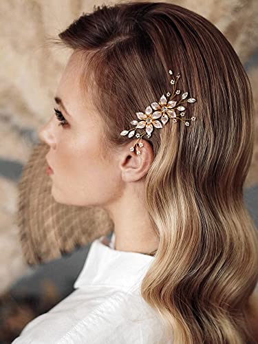 SWEETV Gold Bridal Hair Comb-Handmade Wedding Hair Clip Wedding Hair Accessories for Women - color: Gold-B