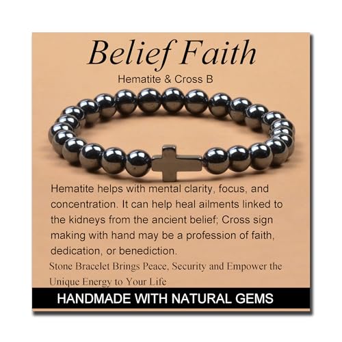 MASSIVE BEADS Handmade Yoga Stretch Elastic Bracelet Natural Stone Crystal Healing Power Energy Gifts for Unisex Adult 4mm 6mm 8mm 10mm - color: BELIEF FAITH(Hematite and Cross B), size: 8mm