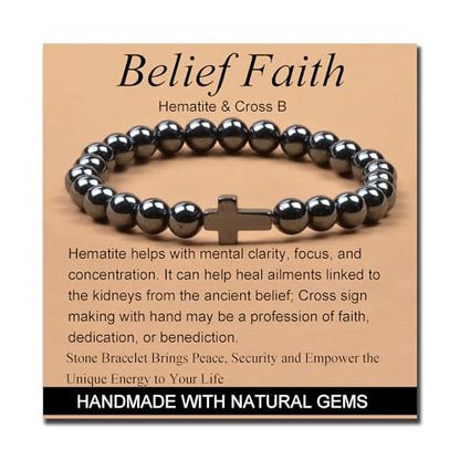 MASSIVE BEADS Handmade Yoga Stretch Elastic Bracelet Natural Stone Crystal Healing Power Energy Gifts for Unisex Adult 4mm 6mm 8mm 10mm - color: BELIEF FAITH(Hematite and Cross B), size: 8mm