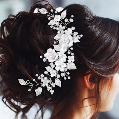 Flower Bride Wedding Hair Vine Pearl Bridal Hair Piece Leaf Hair Accessories Rhinestone Headband for Women (9inches) (Silver) - color: Silver