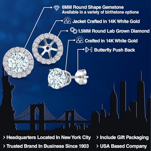 Gem Stone King 14K White Gold 6MM Round Gemstone Birthstone Stud Earrings with Removable Jackets and Lab Grown Diamond Accents | Gold Earrings For Women | Fine Jewelry Gift for Her Mom Women Wife - color: Aquamarine-March