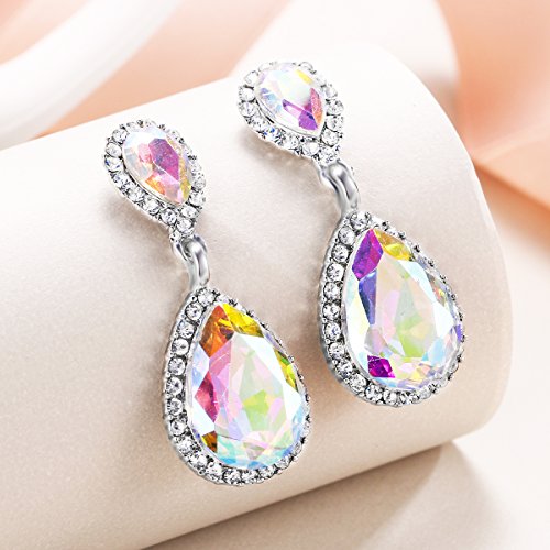 EVER FAITH Women's Austrian Crystal Wedding Tear Drop Dangle Earrings | Bridal Prom Jewelry for Bride Bridesmaid - color: Iridescent AB Silver-Plated-Base