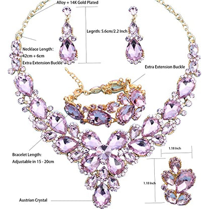 Women's Wedding Bridal Austrian Crystal Glass Teardrop Statement Necklace Dangle Earrings Bracelet Ring Wedding Party Jewelry Set for Bridal Bridesmaid - color: Violet-Gold Plated