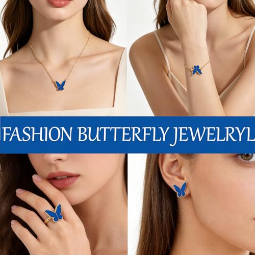 Butterfly Jewelry Set, Including Butterfly Necklace, Bracelet, Stud Earrings, and Adjustable Ring for Women - color: Blue