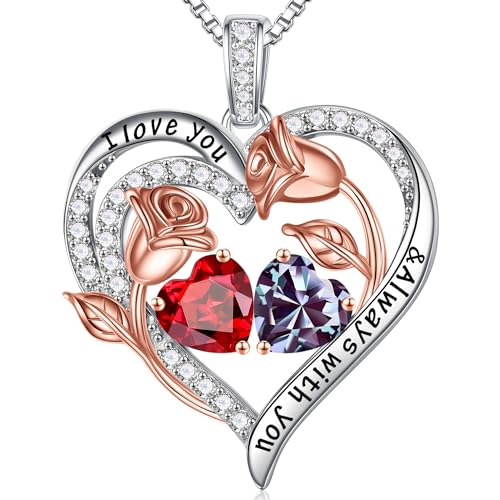 Iefil Birthstone Necklace for Women - Rose Heart Necklace | 925 Sterling Silver, Gift Box Packaging, Anniversary Birthday Gifts for Wife Mom Daughter - color: 01-06-Jan-Jun Birthstone