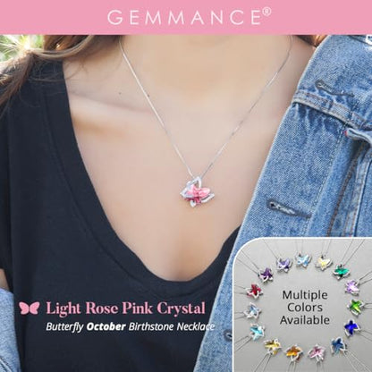 Butterfly Necklace, Birthstone Crystal, for Women, Silver Tone Pendant Jewelry, Anniversary Birthday Gift for Her, Wife & Mom, 18"+2" - color: 10-October Birthstone - Light Rose Pink Crystal