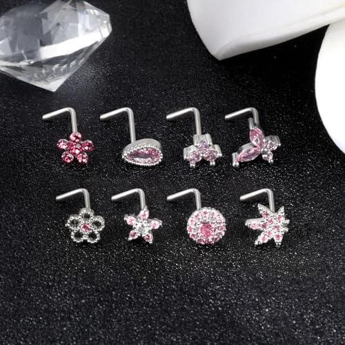 35-70 PCS 18G 20G Nose Rings for Women & Men - Gold Hoops, L Shape, Studs & Screw - 316L Surgical Stainless Steel - color: Silver-Pink CZ-20G-20pcs