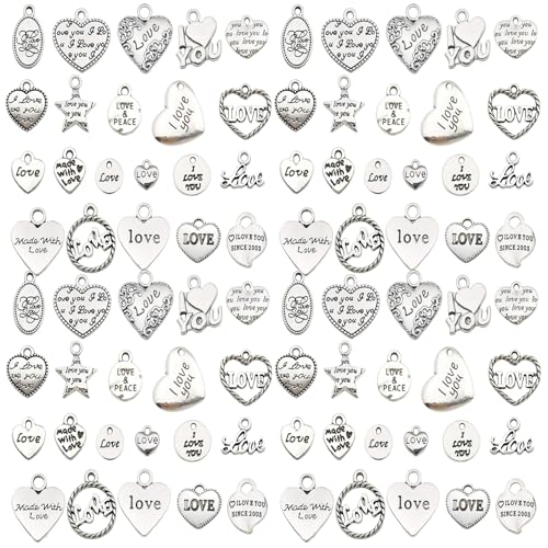 Sailanzi 100pcs Alloy Silver Love Series Pendant Jewelry Making DIY Keychain Earrings Pendant Various Design Charms for Jewelry Making Bracelets Necklace (SN299) - color: SN299
