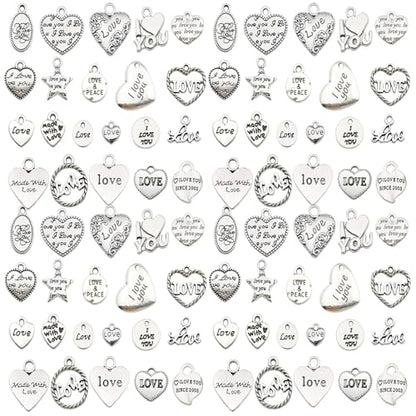 Sailanzi 100pcs Alloy Silver Love Series Pendant Jewelry Making DIY Keychain Earrings Pendant Various Design Charms for Jewelry Making Bracelets Necklace (SN299) - color: SN299