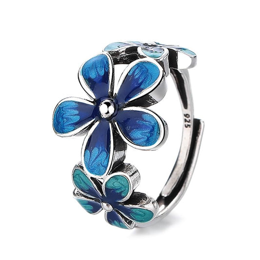HAIXIAN Forget-Me-Not Flower Statement Ring, Silver Plated Enamel Band, Colorful Floral Design - color: Ring_A_blueblue