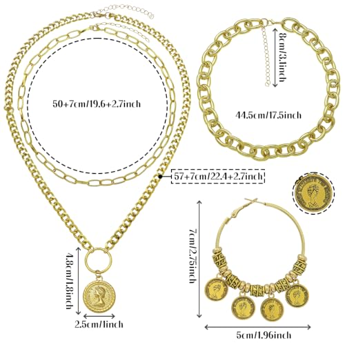 2 Pcs Layered Golden Pirate Necklace Earrings for Women Chunky Chain Layered Necklace Boho Gypsy Hoop Earrings Punk Grunge 80s 90s Coin Pendant Jewelry Halloween Pirate Costume Accessories - color: 3-layer Gold Paperclip Chains