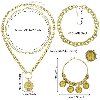 2 Pcs Layered Golden Pirate Necklace Earrings for Women Chunky Chain Layered Necklace Boho Gypsy Hoop Earrings Punk Grunge 80s 90s Coin Pendant Jewelry Halloween Pirate Costume Accessories - color: 3-layer Gold Paperclip Chains