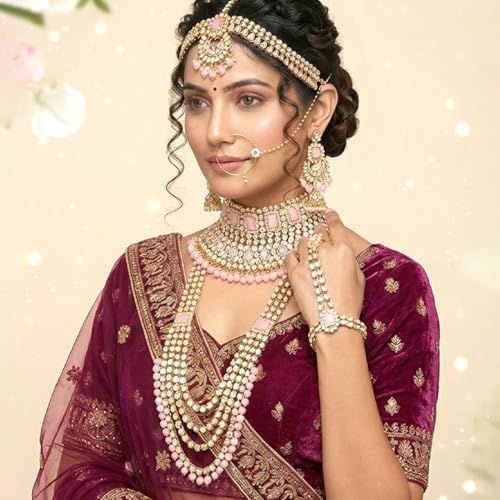 Aheli Traditional Wedding Indian Bharatanatyam jewellery set Long Choker Necklace Earrings Maang Tikka Nath Paasa Hath Phool for Women - color: Pink