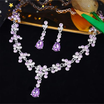 Crystal Crown and Tiara Jewelry Set for Women Bride with Necklace Earrings | Metal Rhinestone Royal Queen Princess Jewelry Set Wedding Quinceanera Pageant Prom Birthday Halloween Party Costume Gift - color: Purple
