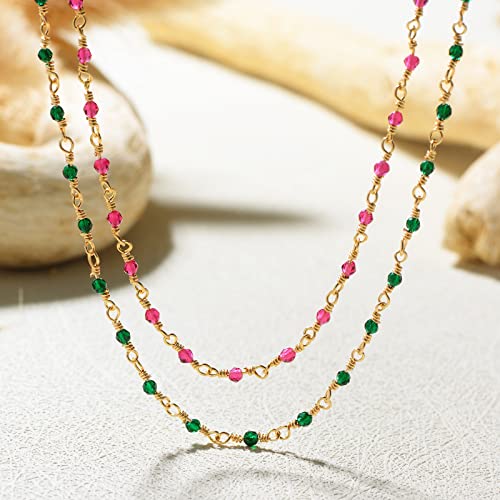MTMY Beaded Necklaces for Women 14K Gold Plated Dainty Colorful Green/Rose Beaded Pearl Choker Necklace Delicate Boho Choker Necklace Jewelry Gift - style: Crystal-green