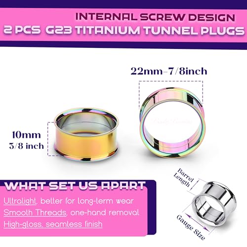 2Pcs G23 Titanium Double Flared Earrings Internally Threaded Gauges for Ears Weights Eyelet Tunnel Plug Stretching Kit From 3mm to 25mm Women Men - color: Rainbow, size: 22mm-7/8"