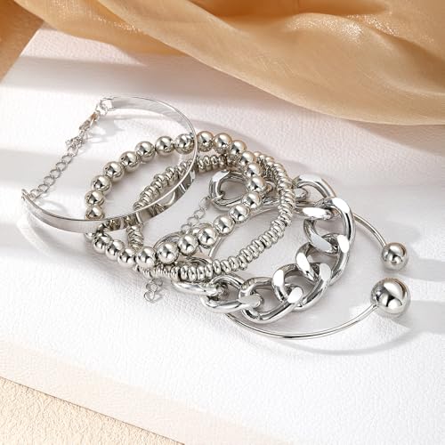 Golden Bangle Bracelets Set for Women, 14k Gold-Plated Multi Layer Stackable Cuff Bracelets, Personalized Boho Non Tarnish Adjustable Bangle Jewelry Gift for Her - color: 5PCS Silvery Cuban Link Chain