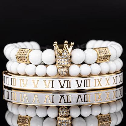 3pcs/set Classical Handmade Braiding Bracelet Hip Hop Men Pave CZ Leopard Head Roman Numeral Bracelet Stainless Steel Jewelry - color: 3pcs D Golden white