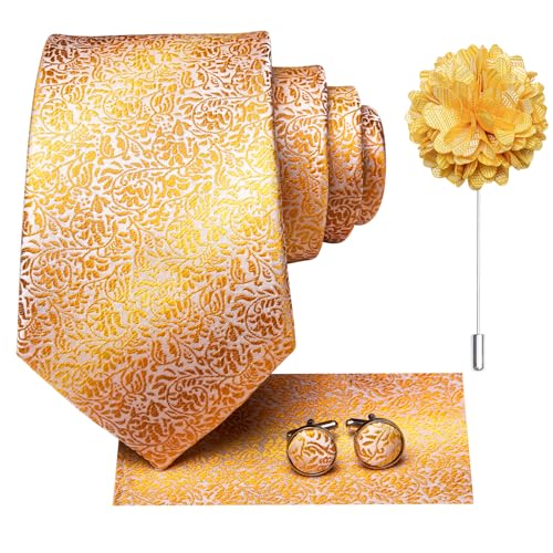 Hi-Tie Men's Silk Ties Formal Woven Classic Necktie Pocket Square Cufflinks Lapel Pin Set Wedding Business - color: B Yellow