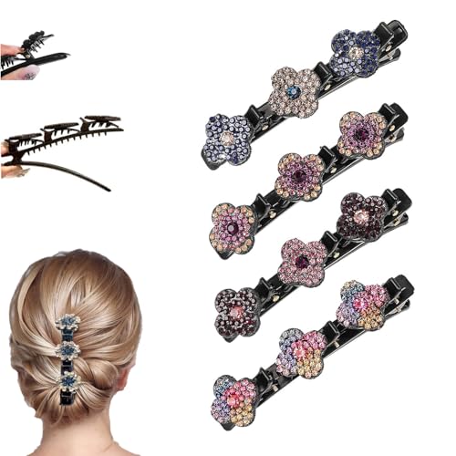 Sparkling Crystal Stone Braided Hair Clips for Women. | Hair Clips for Styling Hair Barrettes for Women and Girls,Double-Layer Duckbill Clips, Non-Slip Hair Accessories(F-4Pcs) - color: F-4Pcs
