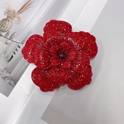 Rhinestone Flower Brooch Pin for Women Men Elegant Sparkly Crystal Camellia Floral Lapel Pins Shawl Dress Suit Clothes Accessories Wedding Party Fashion Jewelry 105mm - color: Red