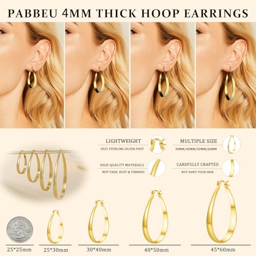 PABBEU Sterling Silver Hoop Earrings for Women, Lightweight Large Oval Hoops Earrings, Hypoallergenic Silver Hoop Earring for Women Gifts 30/40/50/60MM - color: gold 40*50mm/ 1.57*1.96in