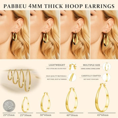 PABBEU Sterling Silver Hoop Earrings for Women, Lightweight Large Oval Hoops Earrings, Hypoallergenic Silver Hoop Earring for Women Gifts 30/40/50/60MM - color: gold 40*50mm/ 1.57*1.96in