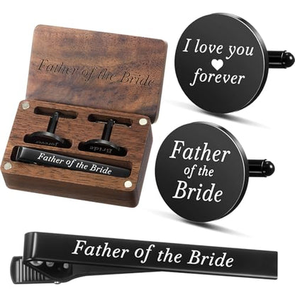 Colingmill Father of the Bride Gift Dad of the Bridegroom Cufflinks Tie Clip Set with Engraved Wood Gift Box for Dad - style: Father of the Bride,Forever,Black