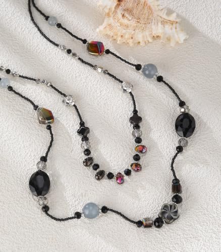 FULU AUTUMN Long Layered Beaded Necklaces for Women Statement Double Bead Strand Ceramic Flower Boho Jewelry Gifts for Mom - color: Black