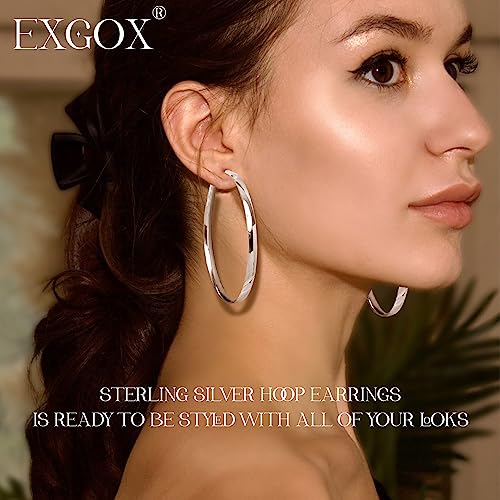 EXGOX 5mm Wide Gold Hoop Earrings for Women,Sterling Silver Hoop Earrings Large Silver Hoop Earrings Hypoallergenic Lightweight 14K Real Gold Plated Big Hoop Earrings for Women 30/40/50/60/70mm - color: Silver Color/60MM