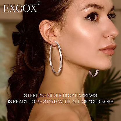 EXGOX 5mm Wide Gold Hoop Earrings for Women,Sterling Silver Hoop Earrings Large Silver Hoop Earrings Hypoallergenic Lightweight 14K Real Gold Plated Big Hoop Earrings for Women 30/40/50/60/70mm - color: Silver Color/60MM