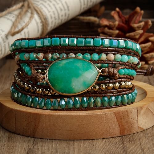Women Wrap Bracelets Boho Natural Stone Jasper Turquoises Strand Bracelet Jewelry Collection - color: Green Agate
