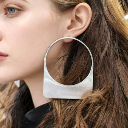 Large Earrings for Women Statement, Chunky Hoop 14k Gold Plated Big Geometric Hollow Brushed Metal Drop Dangle Studs Stainless Steel Jewelry for Womens Gift Christmas - color: Silver