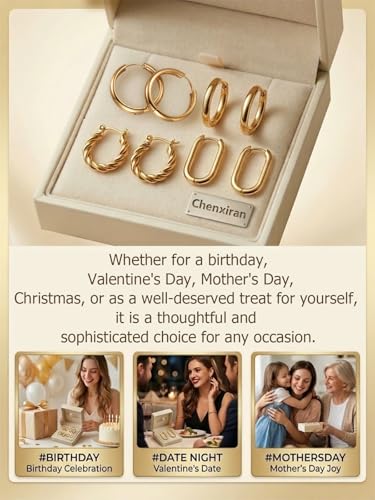 4 Pairs Gold Hoop Earrings for Women - 14K Gold Plated 316 Stainless Steel, Hypoallergenic Lightweight Huggie & Twisted Hoop Earring Set 20/22/24/25 mm
