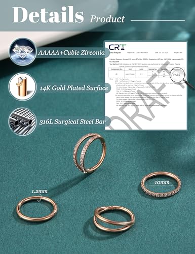 Dochais 4PCS 18G Nose Rings Hoops, Surgical Steel Earrings Tragus Septum Piercing CZ Clicker Ring, Hinged Segment Conch Lip Cartilage Double Hoops 8mm 10mm for Women Men - color: Gold Rose, size: 16G(1.2mm),10mm