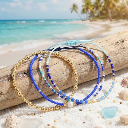 5Pcs Stack Gold Plated Ball Beaded Bracelets Set for Women, Boho Handmade Colorful Glass Pearl Stretch Accessories Jewelry, Summer Beach Daily Wear Holiday Friendship Gift - color: Blue Gold