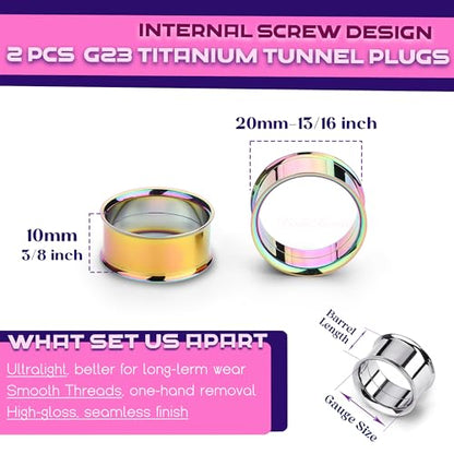 2Pcs G23 Titanium Double Flared Earrings Internally Threaded Gauges for Ears Weights Eyelet Tunnel Plug Stretching Kit From 3mm to 25mm Women Men - color: Rainbow, size: 20mm-13/16"