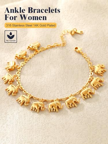U7 Ankle Bracelets for Women Stainless Steel Waterproof Tarnish Resistant | 18K Gold Plated/Silver/Rose Gold Anklets,Cuban Chain Anklet Bracelets, Perfect for Summer Beach and Vacation Outfits - color: Gold Plated-Elephant Charm