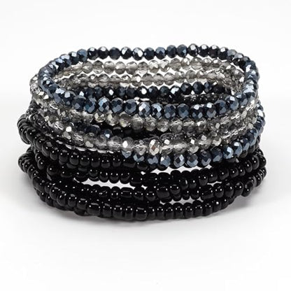Bohemian Multilayer Beaded Stackable Stretch Bracelets for Women Colorful Crystal Glass Resin Seed Beads Elastic Wristbands BFF Friendship Summer Beach Hawaii Jewelry - color: Black