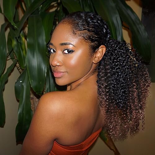 Vigorous Ponytail Extension 14Inch Drawstring Ponytail for Black Women Short Fluffy Afro Kinky Curly Pony Tails Hair Extensions (1B/33) - color: Mix Dark Brown(1B/33)