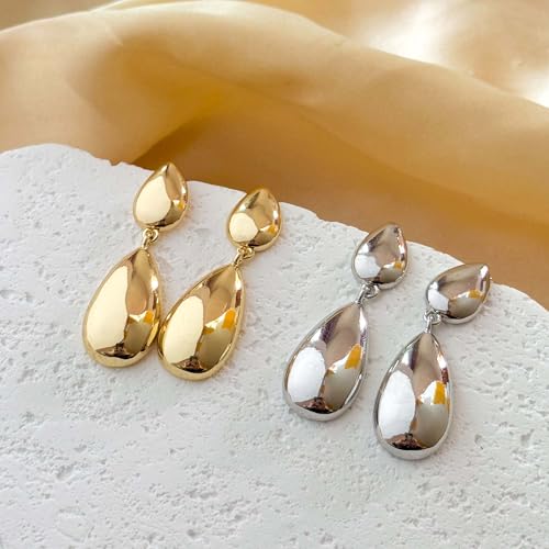 Large Geometric Drop Dangle Earrings for Women Pearl Teardrop Disc Rectangle Oval Fishtail Shell Shaped Textured Dangle Studs Earrings for Women - color: Silver-Polished