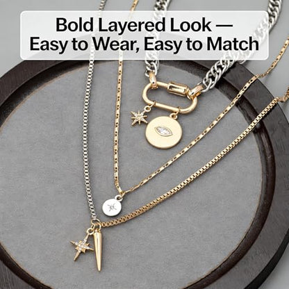 Layered Necklace Set for Women, Mixed Metal Evil Eye Charm Jewelry, Trendy | Mixed Metal Layered Necklace with Evil Eye, Star and Spike Charms for Women Who Love Trendy Boho & Edgy Jewelry - style: 3PCS