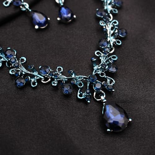 3Pcs Austrian Crystal Jewelry Set for Women, Necklace Dangle Earrings Link Bracelet Jewelry Set with Gold/Platinum/Gun Plated, Wedding Party Jewelry for Bridal Bridesmaid - color: Blue Black-Platinum Plated